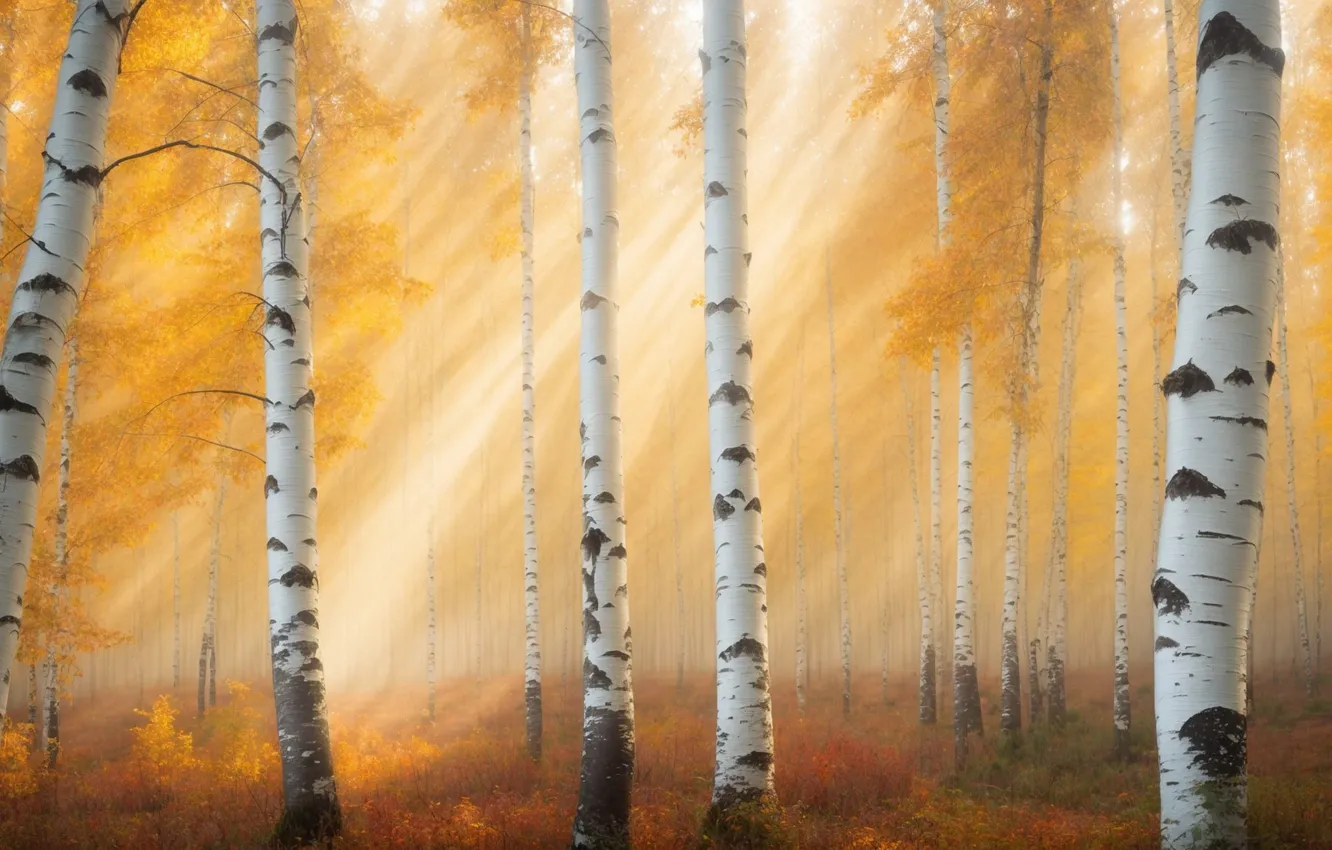 Photo wallpaper autumn, forest, the sun, rays, light, trees, branches, nature