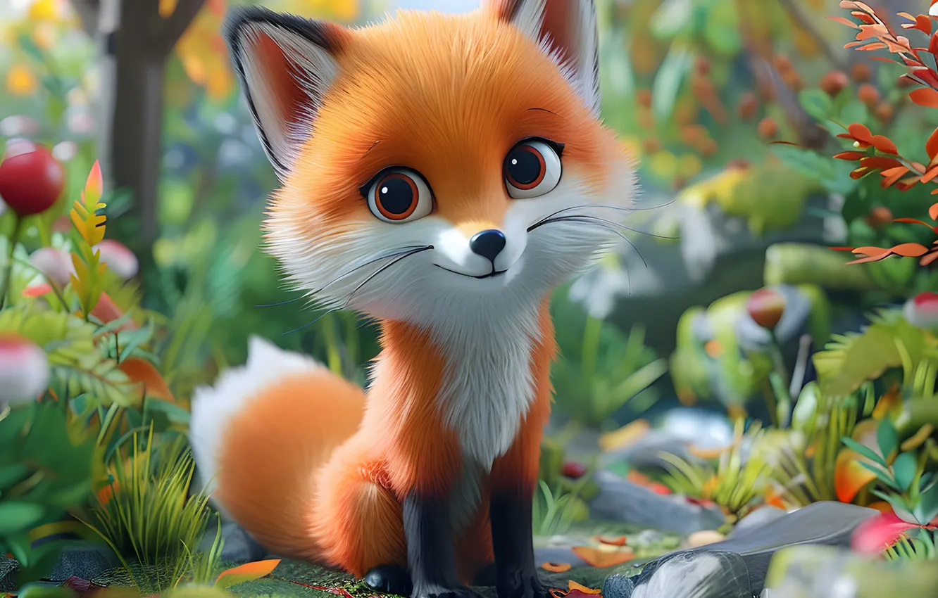 Photo wallpaper autumn, forest, look, leaves, trees, nature, stones, Fox