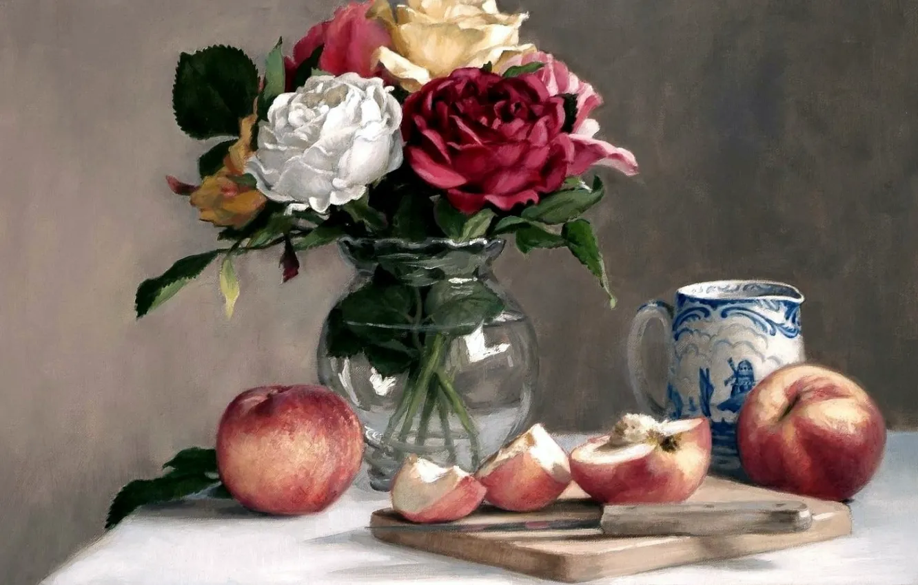 Photo wallpaper apples, picture, still life, vase with flowers
