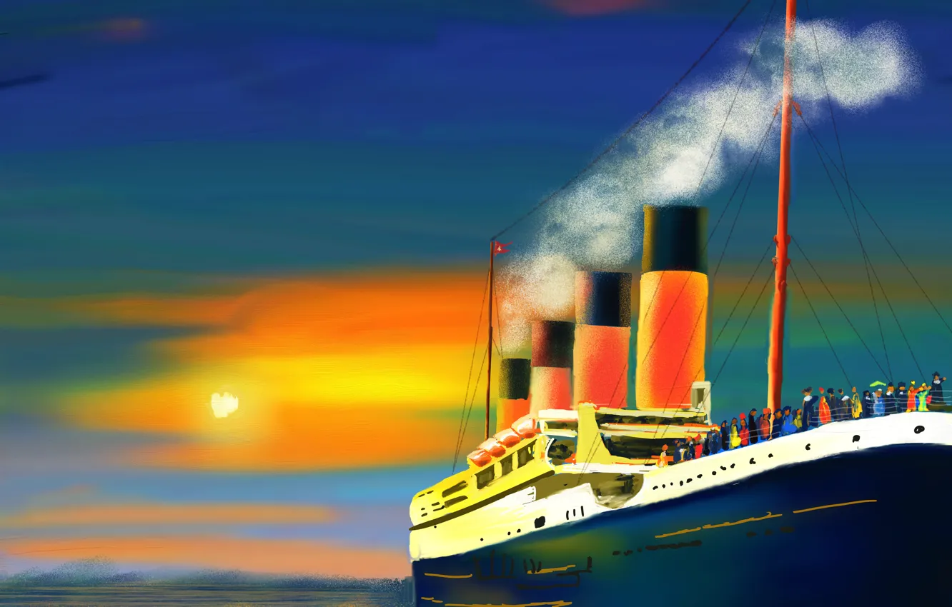 Photo wallpaper sea, the sun, smoke, picture, pipe, passengers, ship