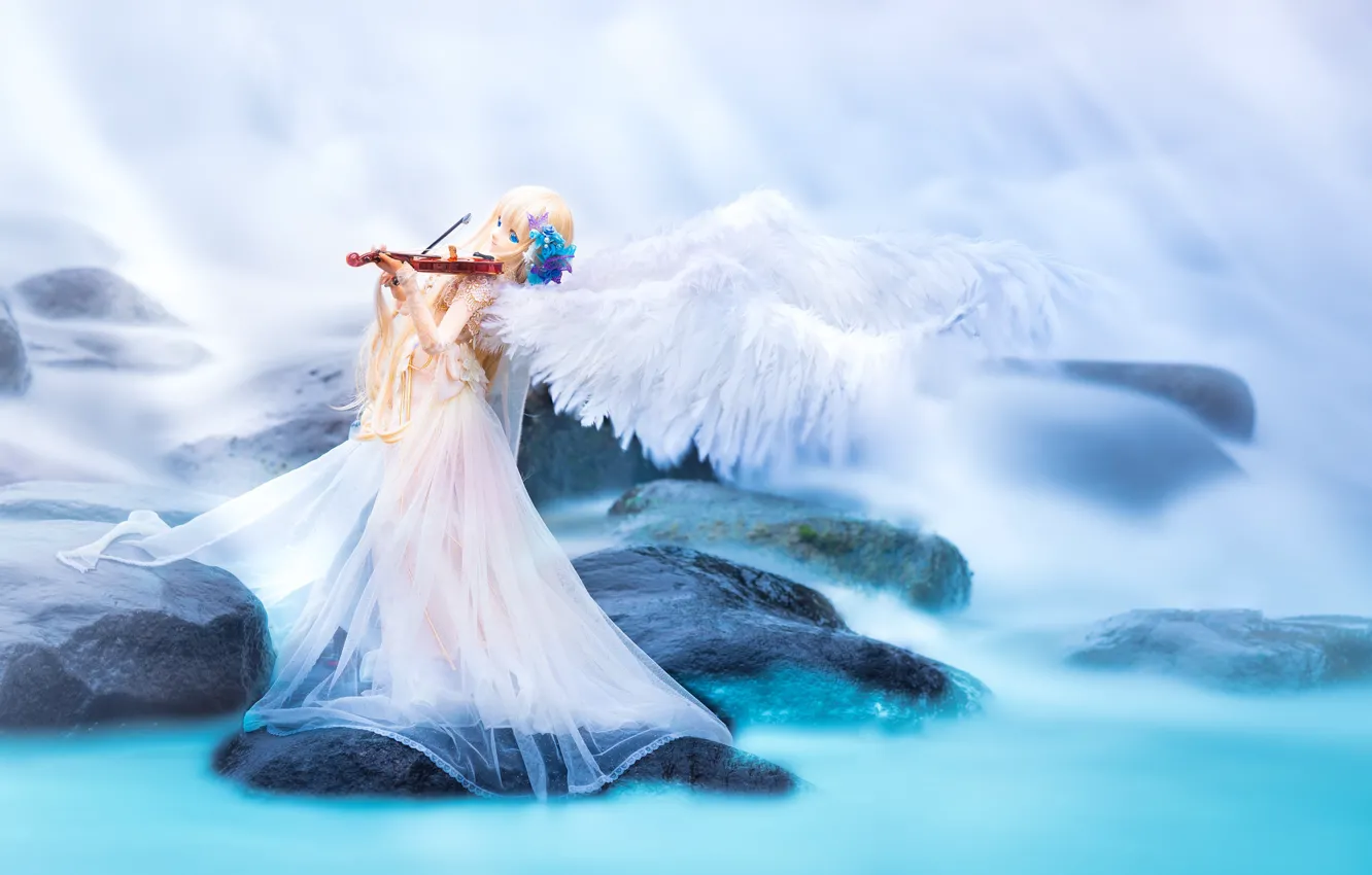 Photo wallpaper water, stones, violin, toy, wings, doll