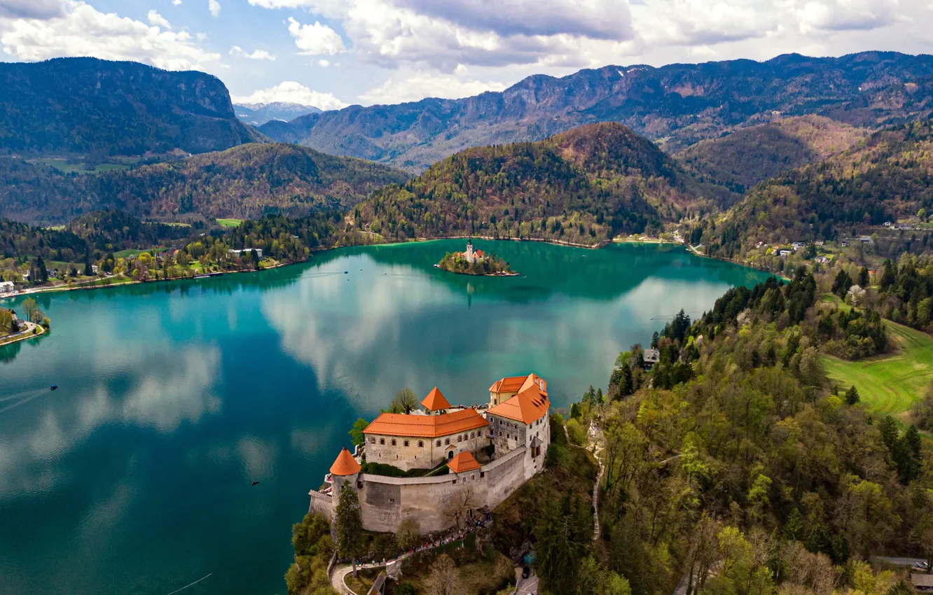 Photo wallpaper forest, mountains, lake, castle, island, Slovenia, Lake Bled, Slovenia