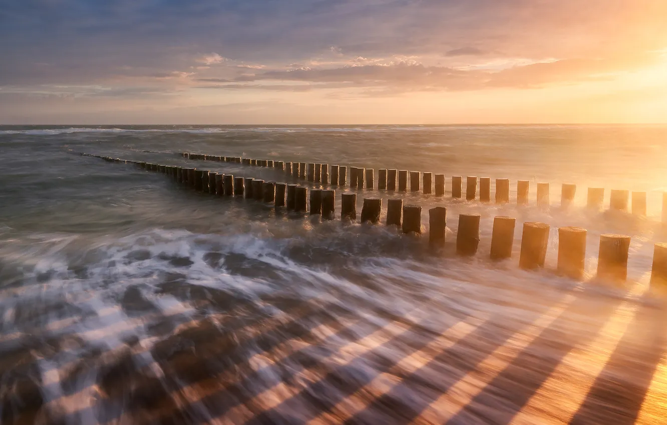 Photo wallpaper sea, wave, the sky, the sun, clouds, rays, light, sunset