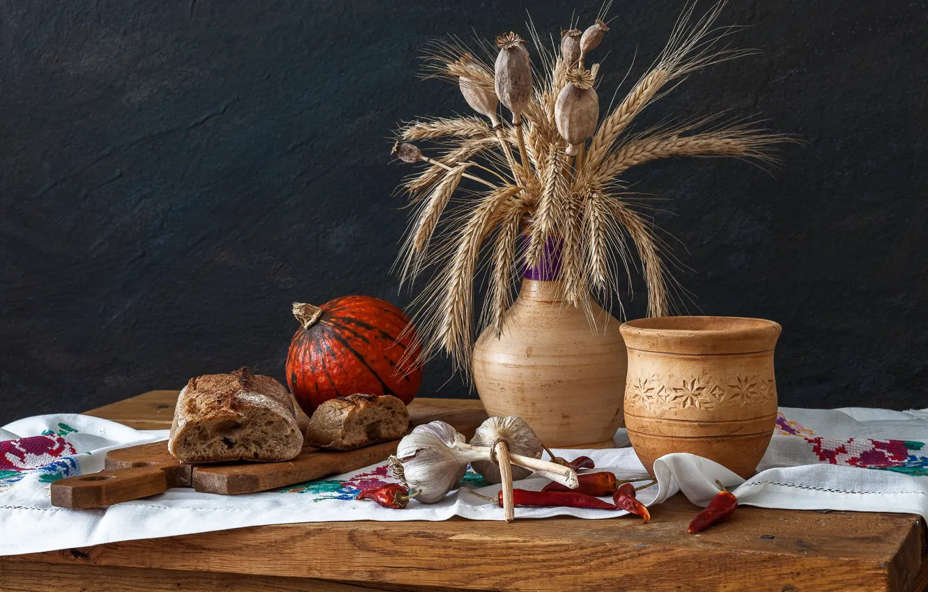 Photo wallpaper bread, pumpkin, still life, garlic