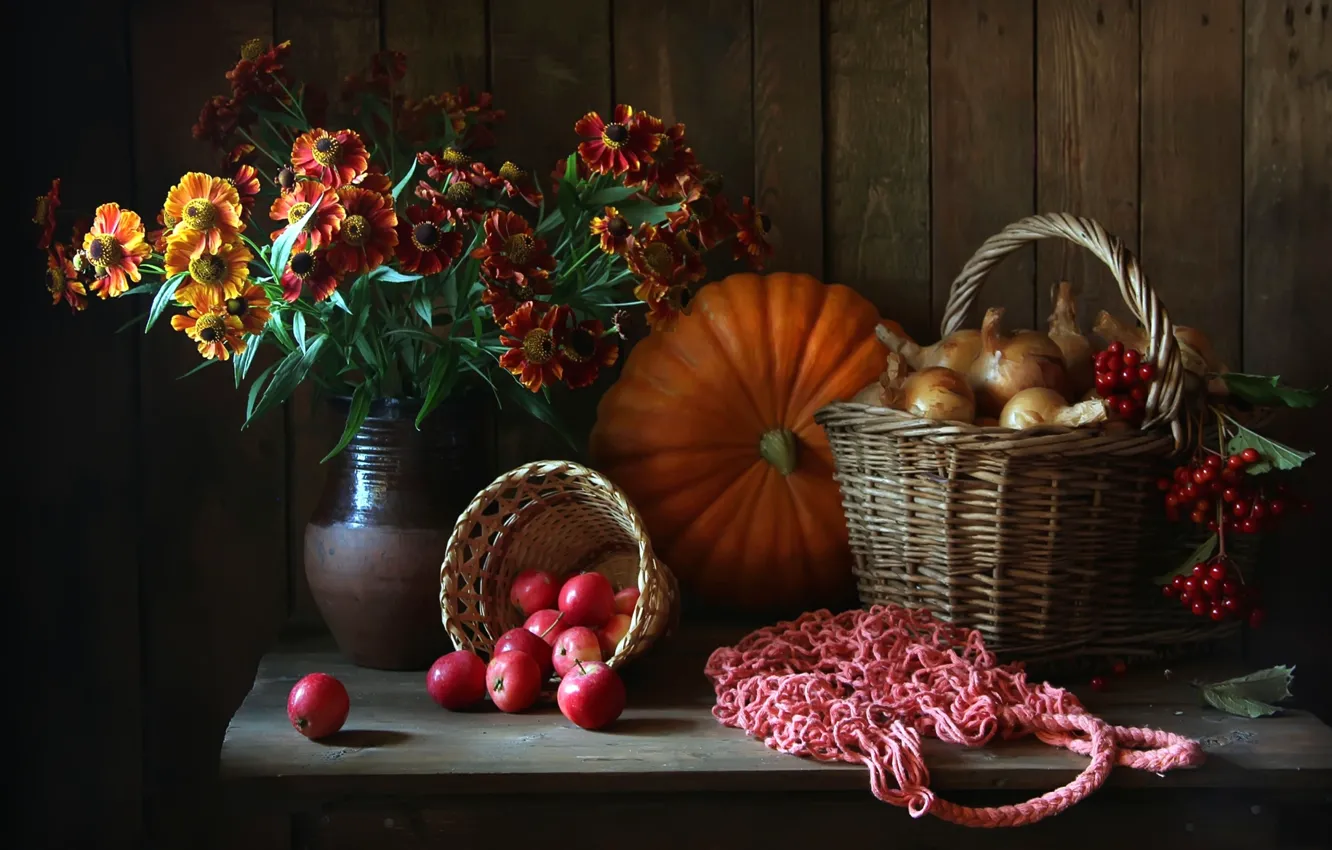 Photo wallpaper flowers, basket, apples, pumpkin, pitcher, still life