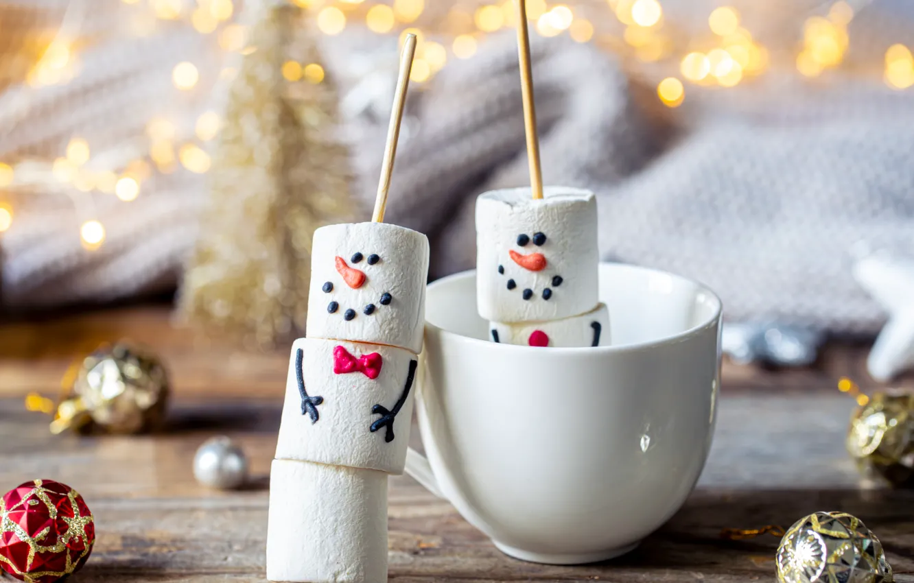 Photo wallpaper new year, Christmas, candy, snowman, a couple, Duo, faces, dessert