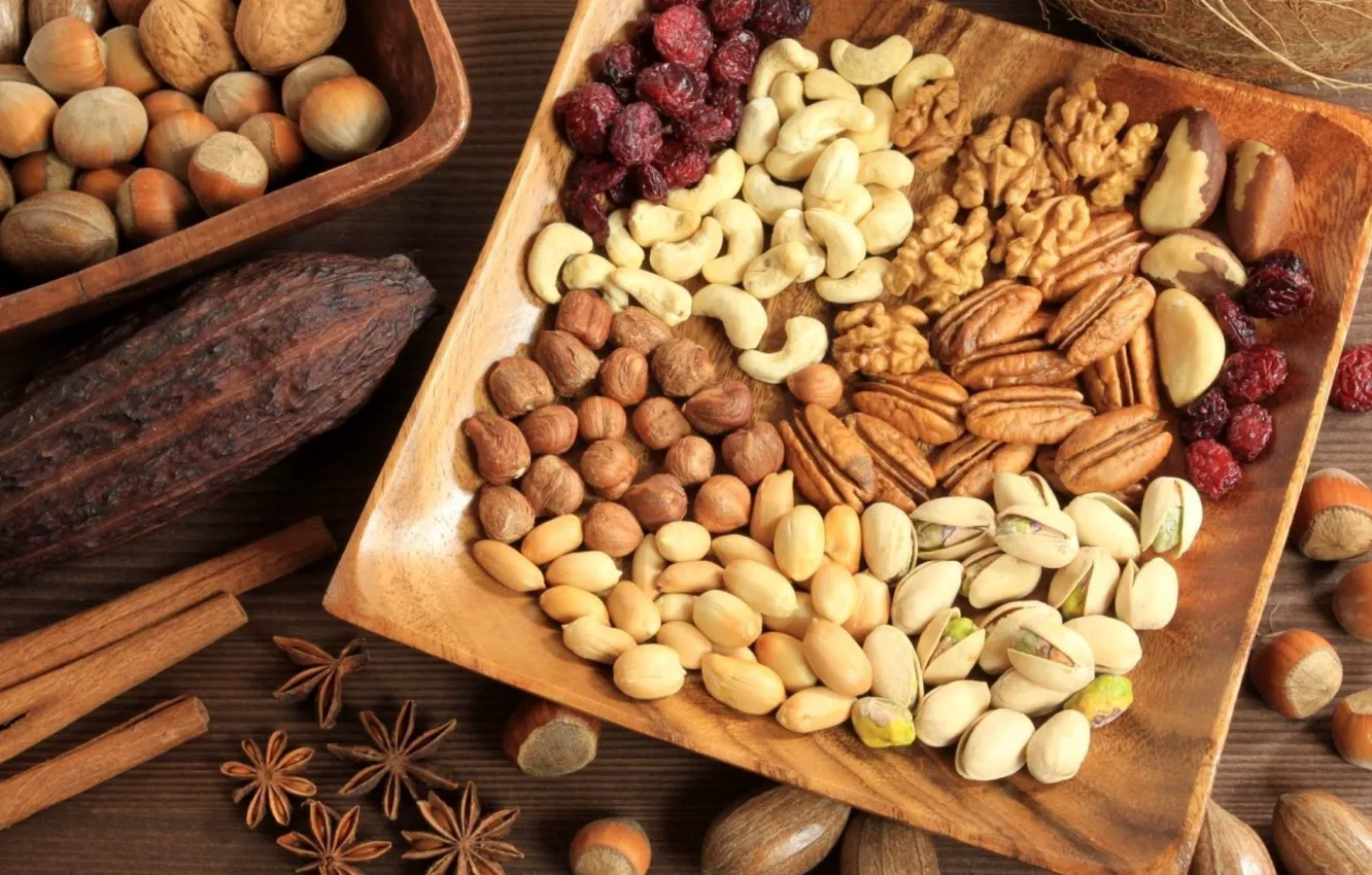Photo wallpaper nuts, cinnamon, hazelnuts, peanuts, cocoa, spices, pistachios, star anise
