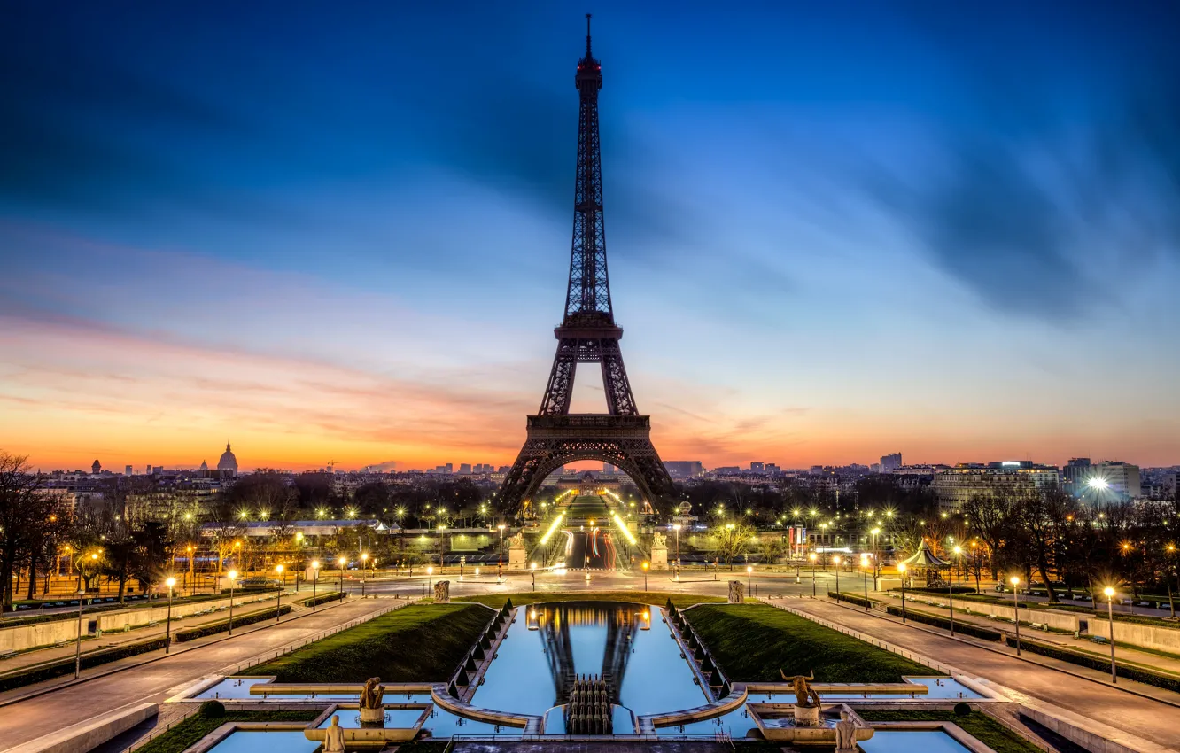 Photo wallpaper road, sunset, the city, lights, France, Paris, the evening, excerpt