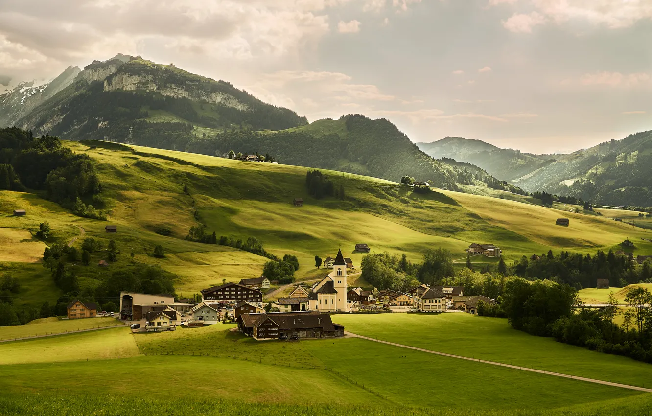 Photo wallpaper greens, field, trees, mountains, home, Switzerland, Alps, meadow