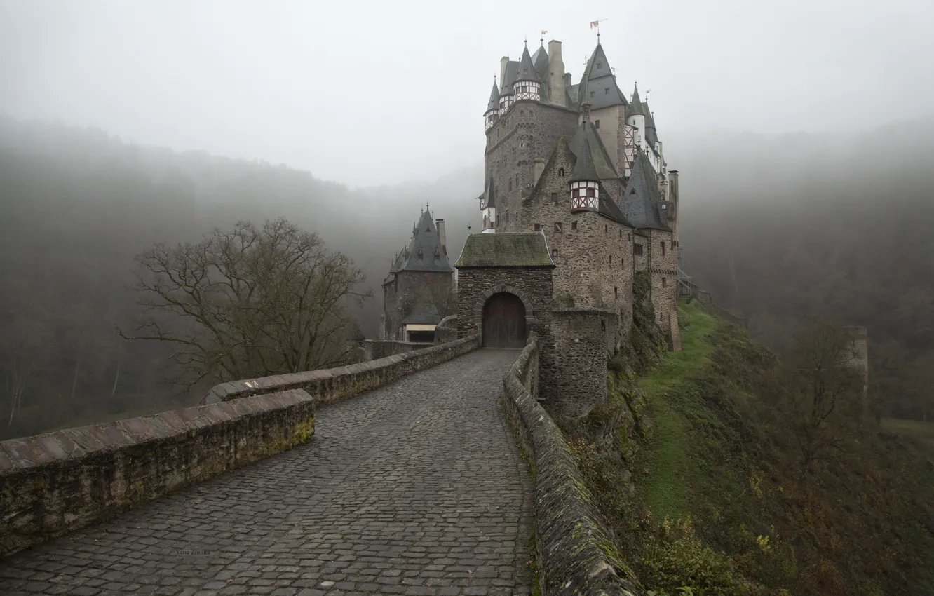 Photo wallpaper road, Fog, Germany, Castle, Eltz Castle, ELTZ Castle