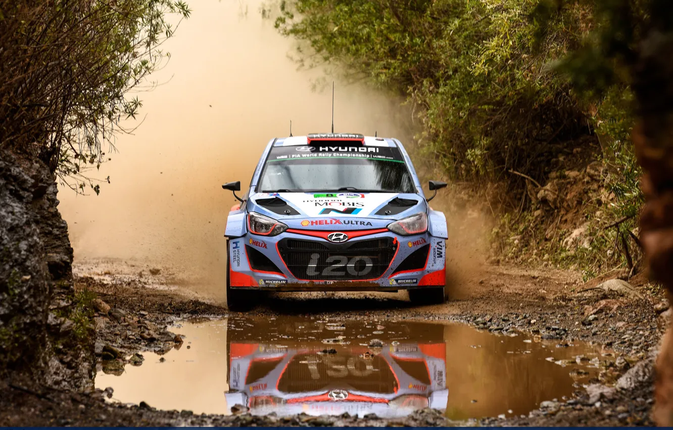 Photo wallpaper water, reflection, dust, Hyundai, WRC, Rally, i20, Ford