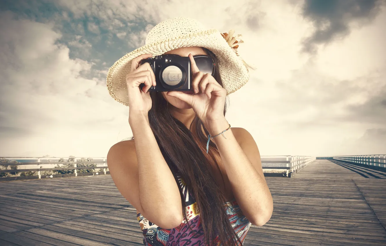 Photo wallpaper the sky, girl, background, mood, Wallpaper, hat, camera, brunette