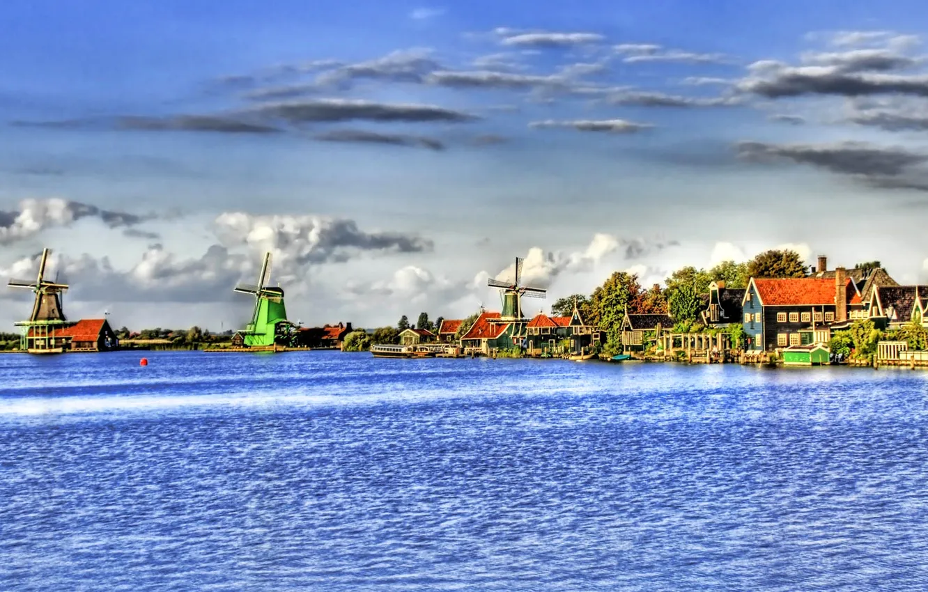 Photo wallpaper sea, the sky, clouds, trees, home, mill, channel, Netherlands