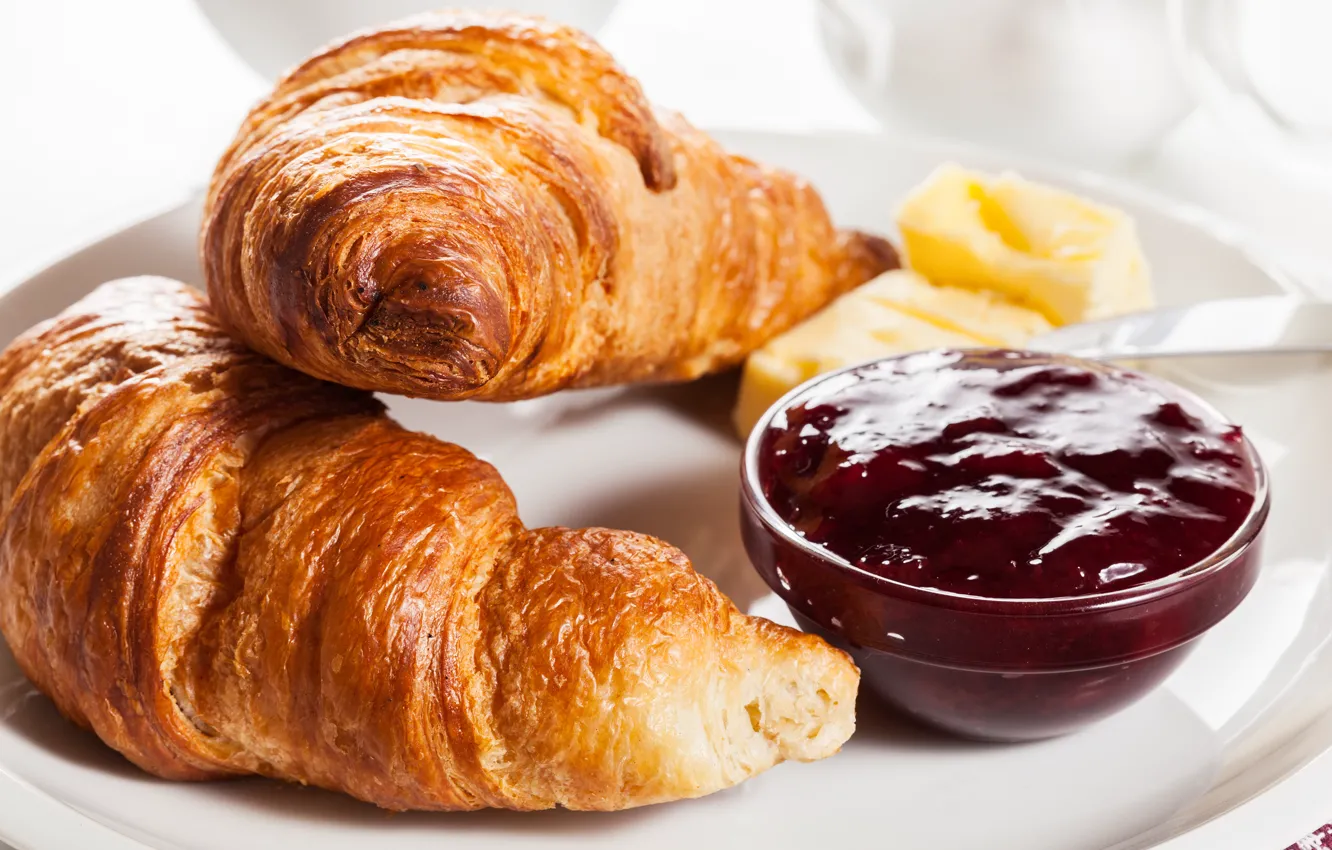 Photo wallpaper Breakfast, cakes, jam, berries, growing, breakfast, croissant, jam