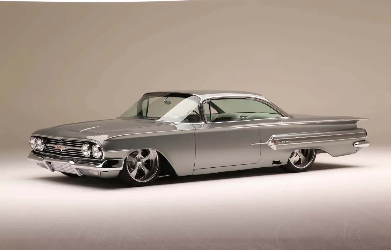 Photo wallpaper Chevrolet, 1960, Front, Chevy, Grey, Side, Impala, Lowrider