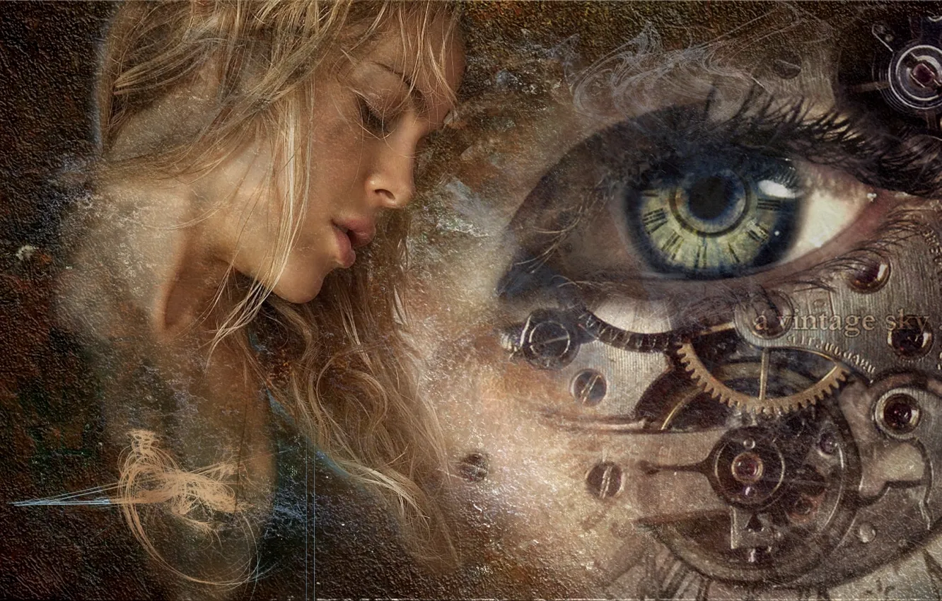 Photo wallpaper girl, eyes, watch, mechanism, texture