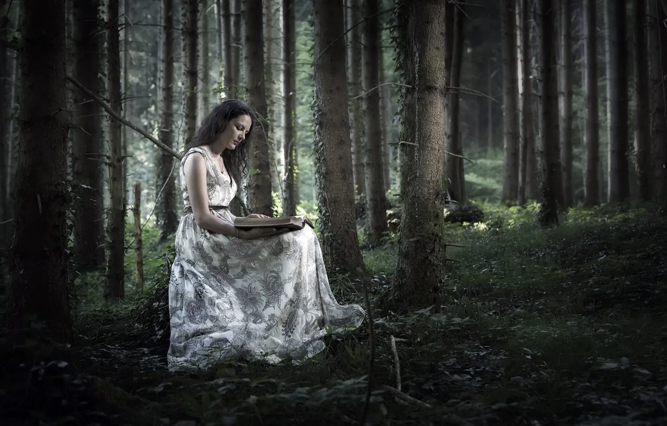 Photo wallpaper forest, girl, book