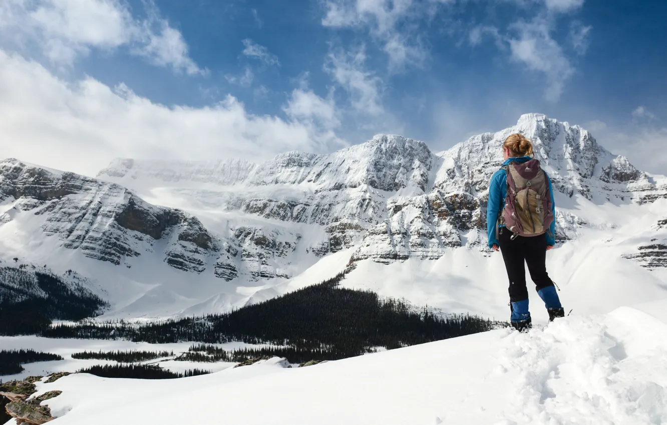 Photo wallpaper girl, snow, mountains, hide