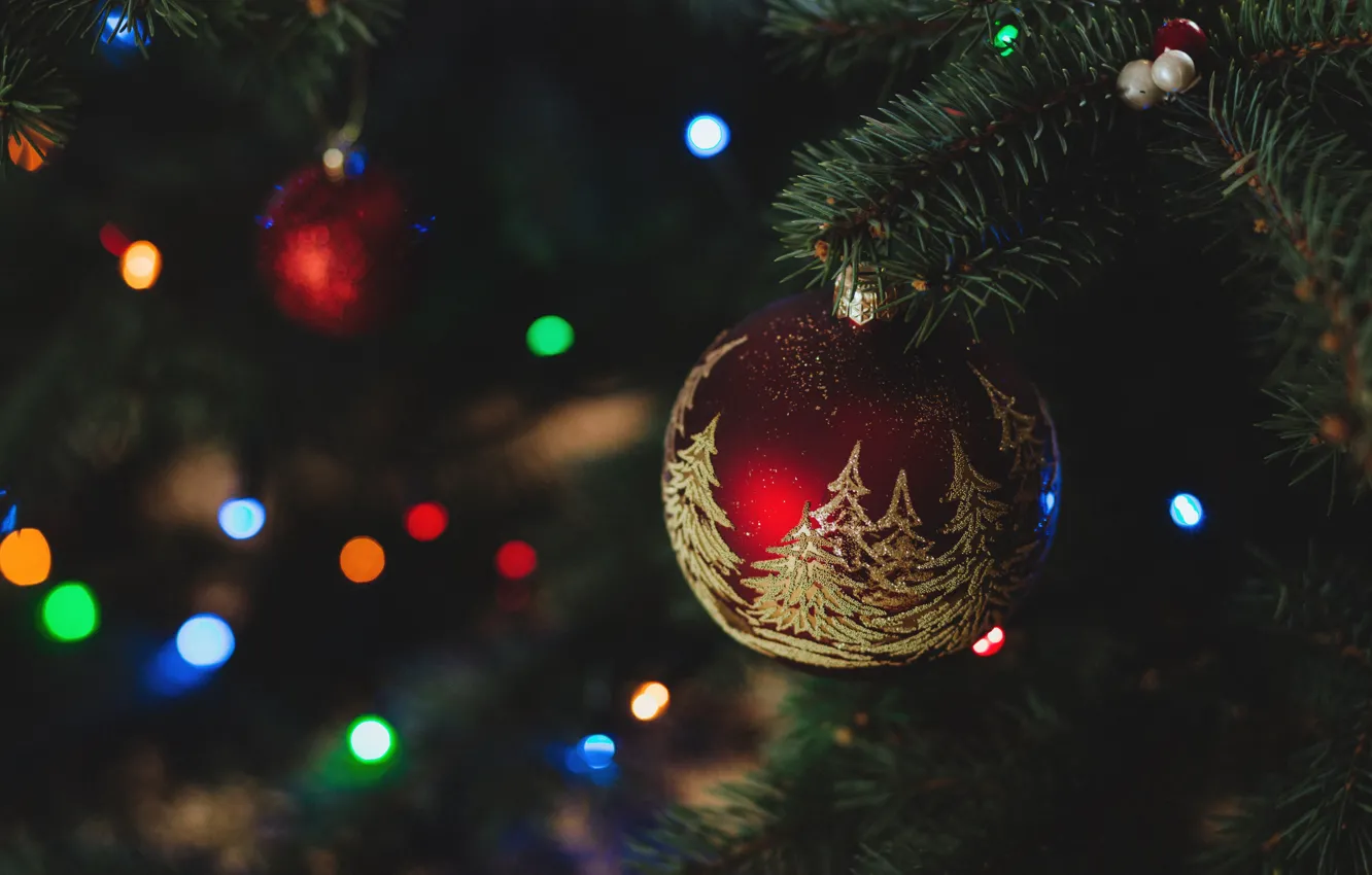 Photo wallpaper holiday, tree, new year, Christmas, ball, decoration, christmas, new year