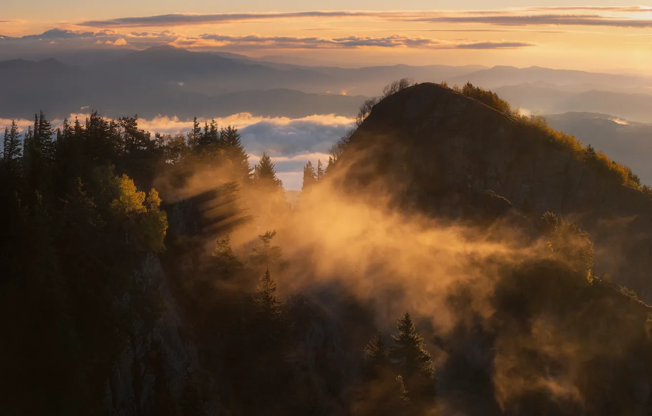 Photo wallpaper sunset, mountains, fog