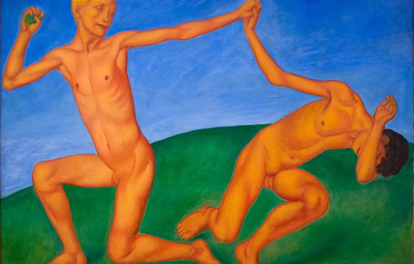 Photo wallpaper picture, boy, two, naked, Kuzma Petrov-Vodkin, Russian and Soviet painter, Kuzma Petrov-Vodkin, Boys playing