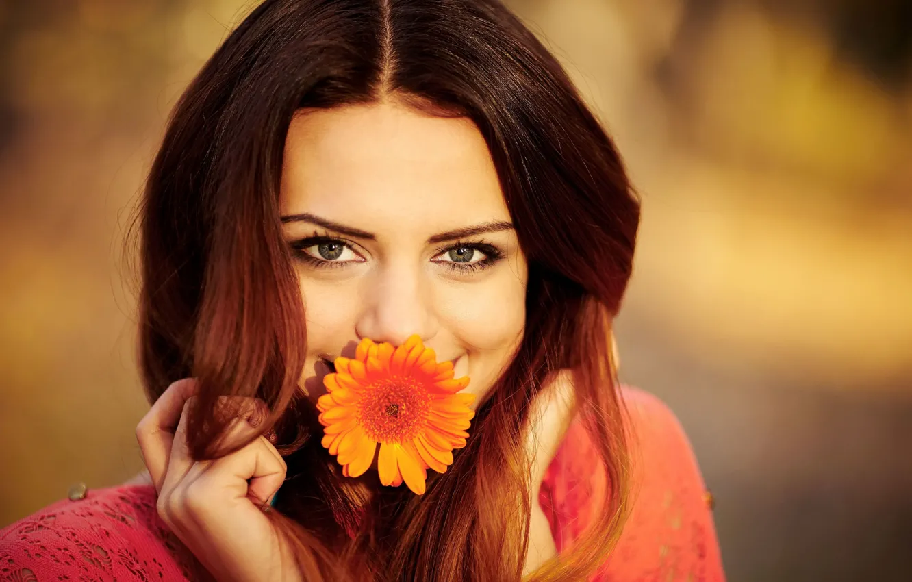 Photo wallpaper flower, eyes, look, girl, flowers, smile, background, Wallpaper