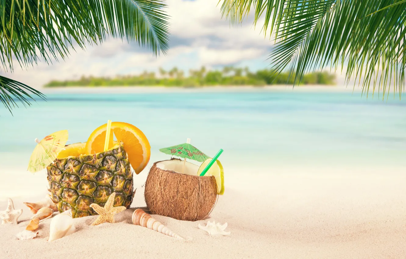 Photo wallpaper sand, sea, wave, beach, summer, the sky, stars, palm trees