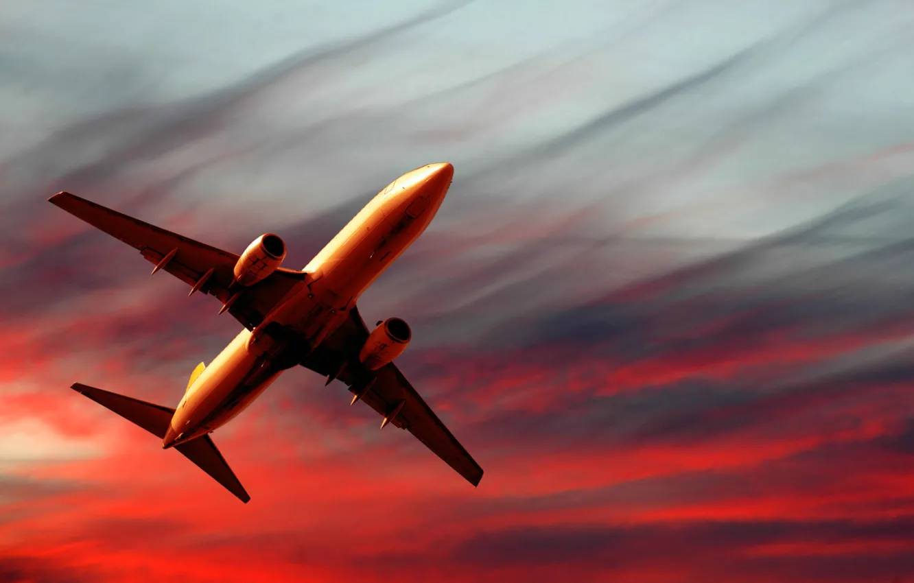 Photo wallpaper the sky, sunset, the plane, red