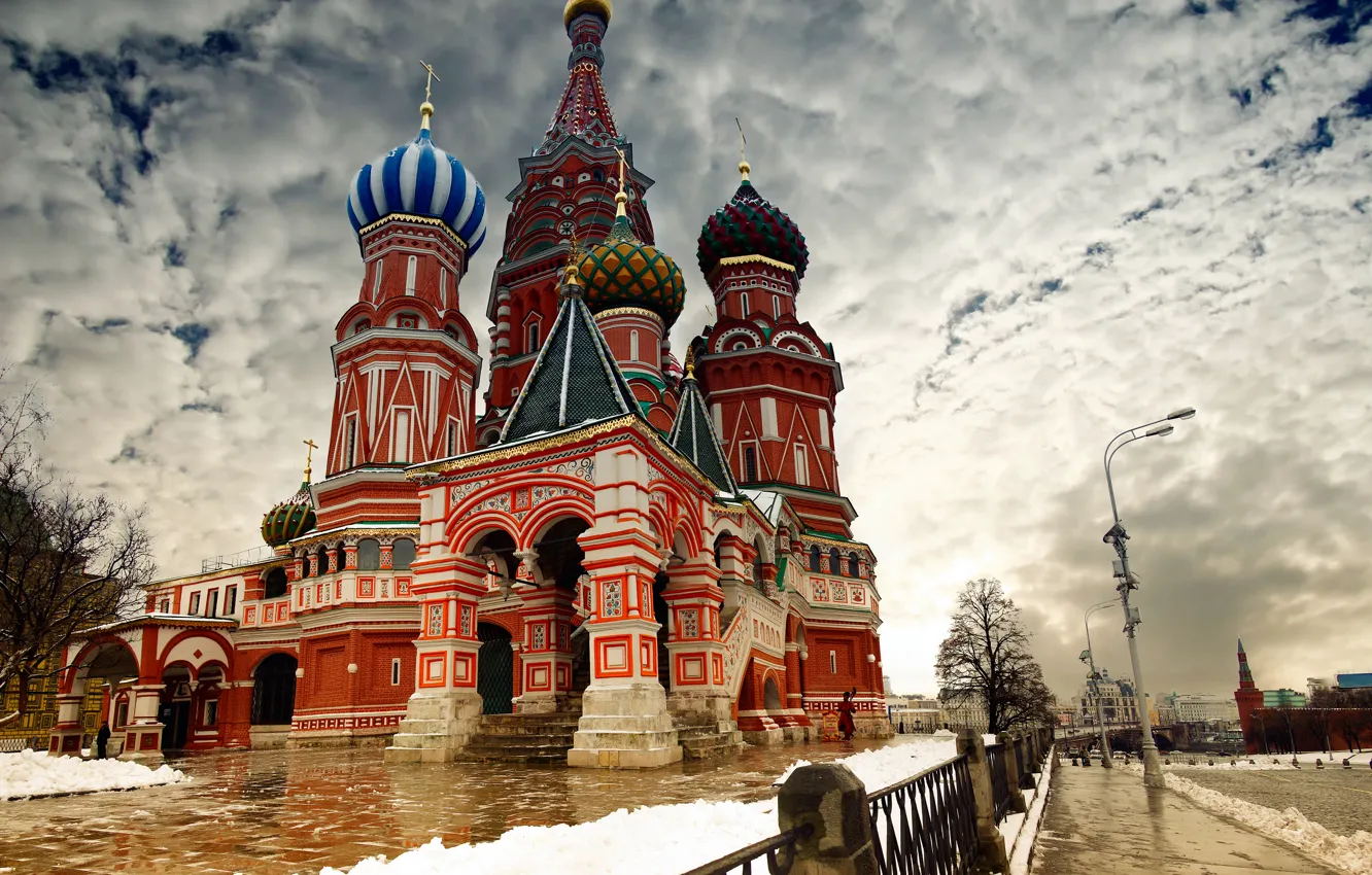 Photo wallpaper winter, clouds, snow, the city, Wallpaper, the fence, Moscow, the Kremlin