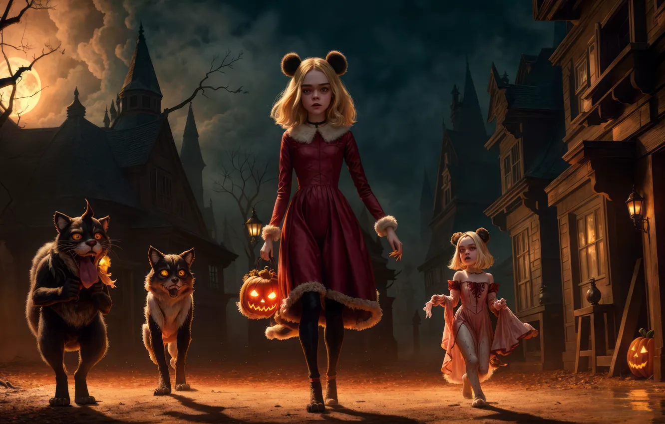 Photo wallpaper mountains, night, castle, Gothic, the moon, basket, girl, ears