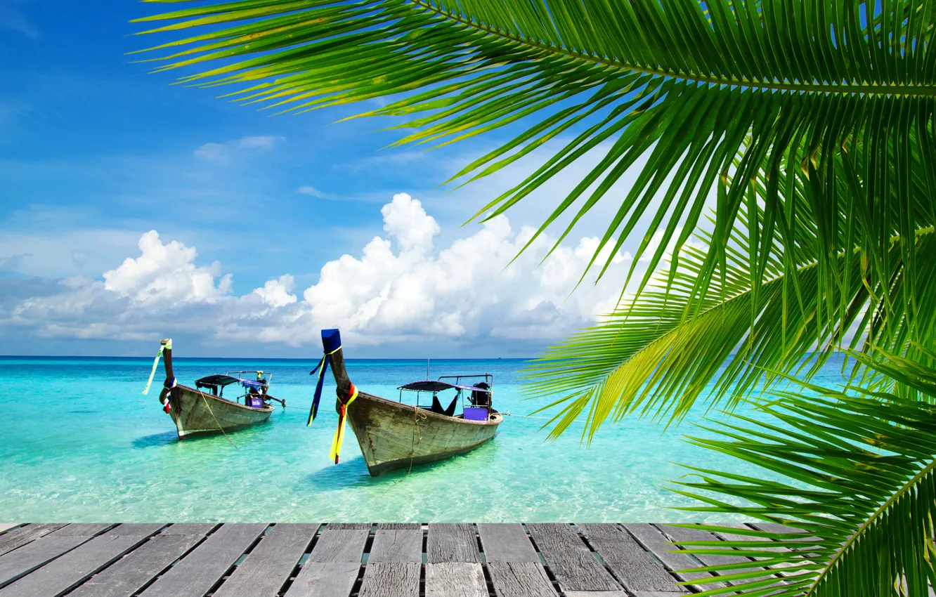 Photo wallpaper sea, tropics, palm trees, boat, the bridge, sea, bridge, boats