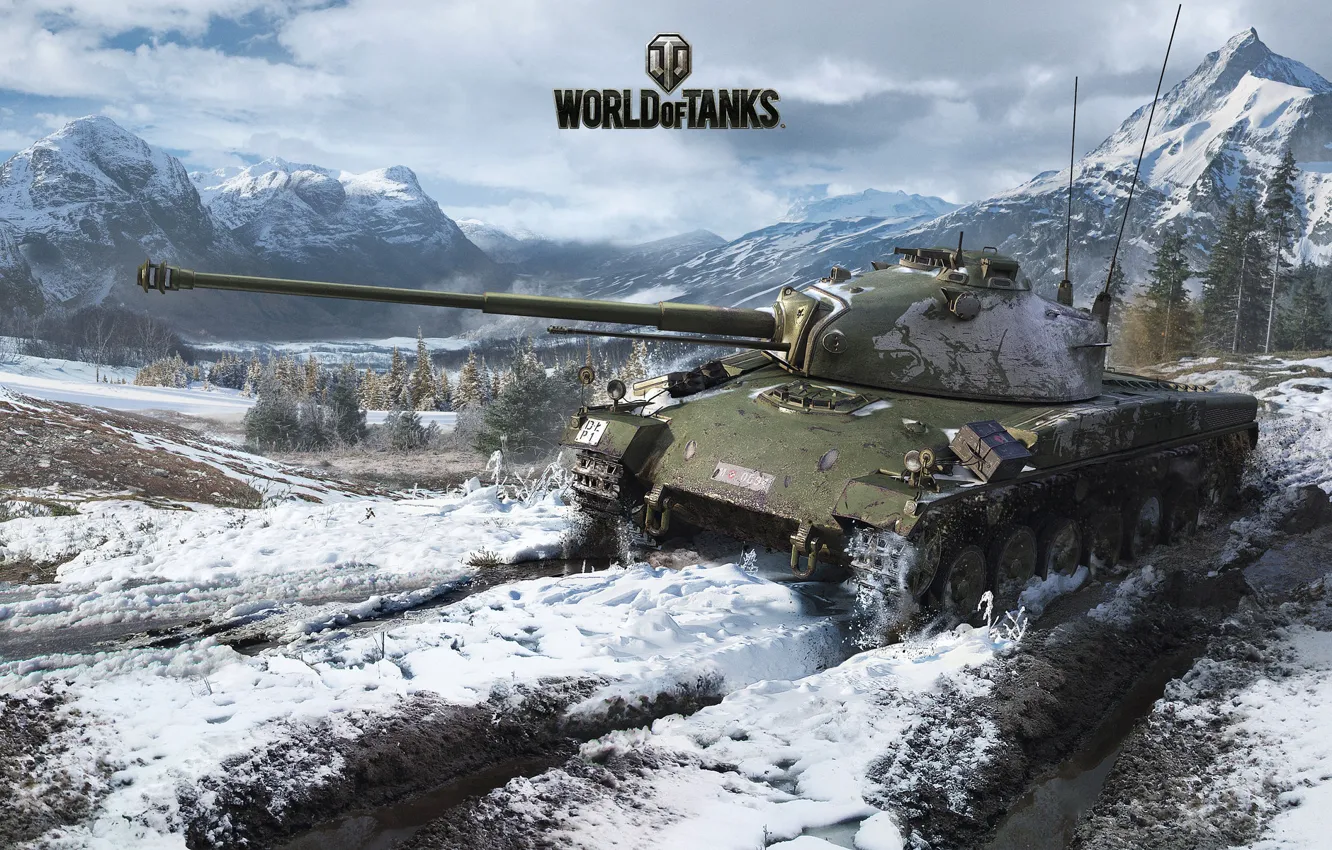 Photo wallpaper snow, mountains, tank, track, World of Tanks