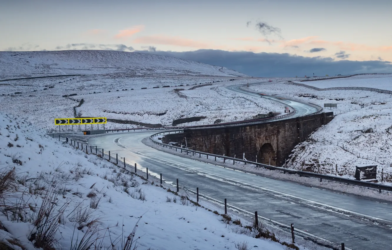 Photo wallpaper winter, road, bridge