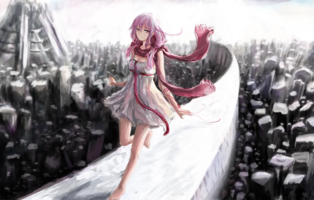 Photo wallpaper girl, the city, wall, Japan, scarf, art, guilty crown, inori yuzuriha