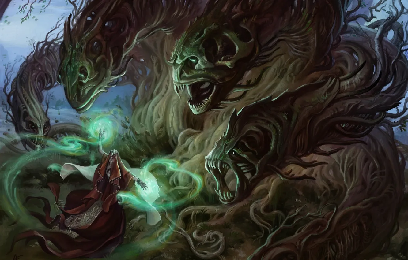 Photo wallpaper girl, roots, magic, monster, head, art, MAG, sorceress