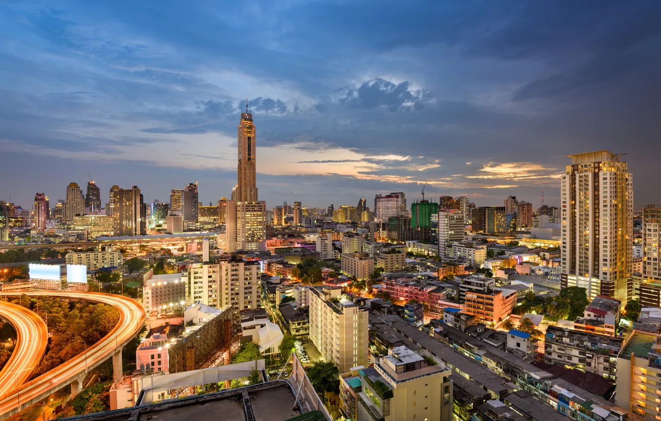 Photo wallpaper sunset, lights, street, home, the evening, Thailand, Bangkok