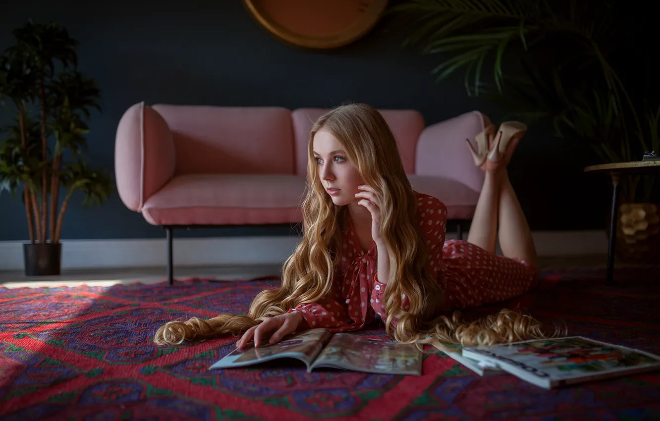 Photo wallpaper long hair, dress, model, women, blonde, couch, red dress, carpet