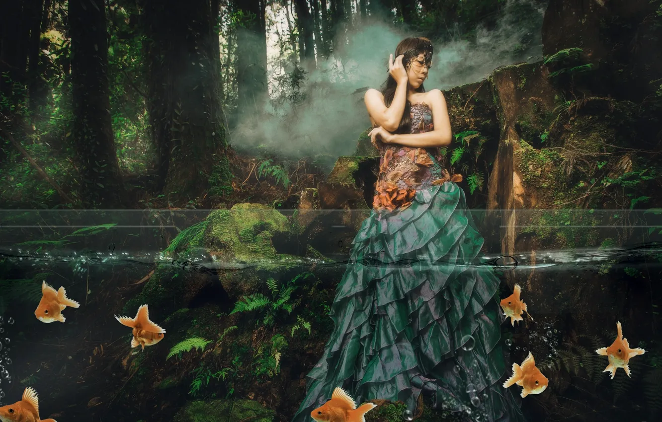 Photo wallpaper forest, water, girl, fish, the situation, dress, Asian