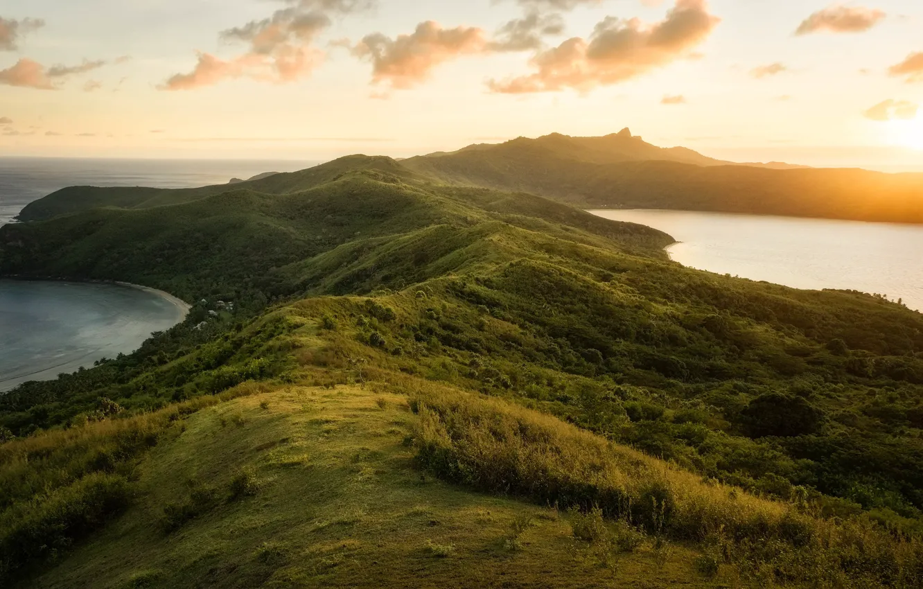 Photo wallpaper sea, forest, the sky, clouds, sunset, mountains, green, fog