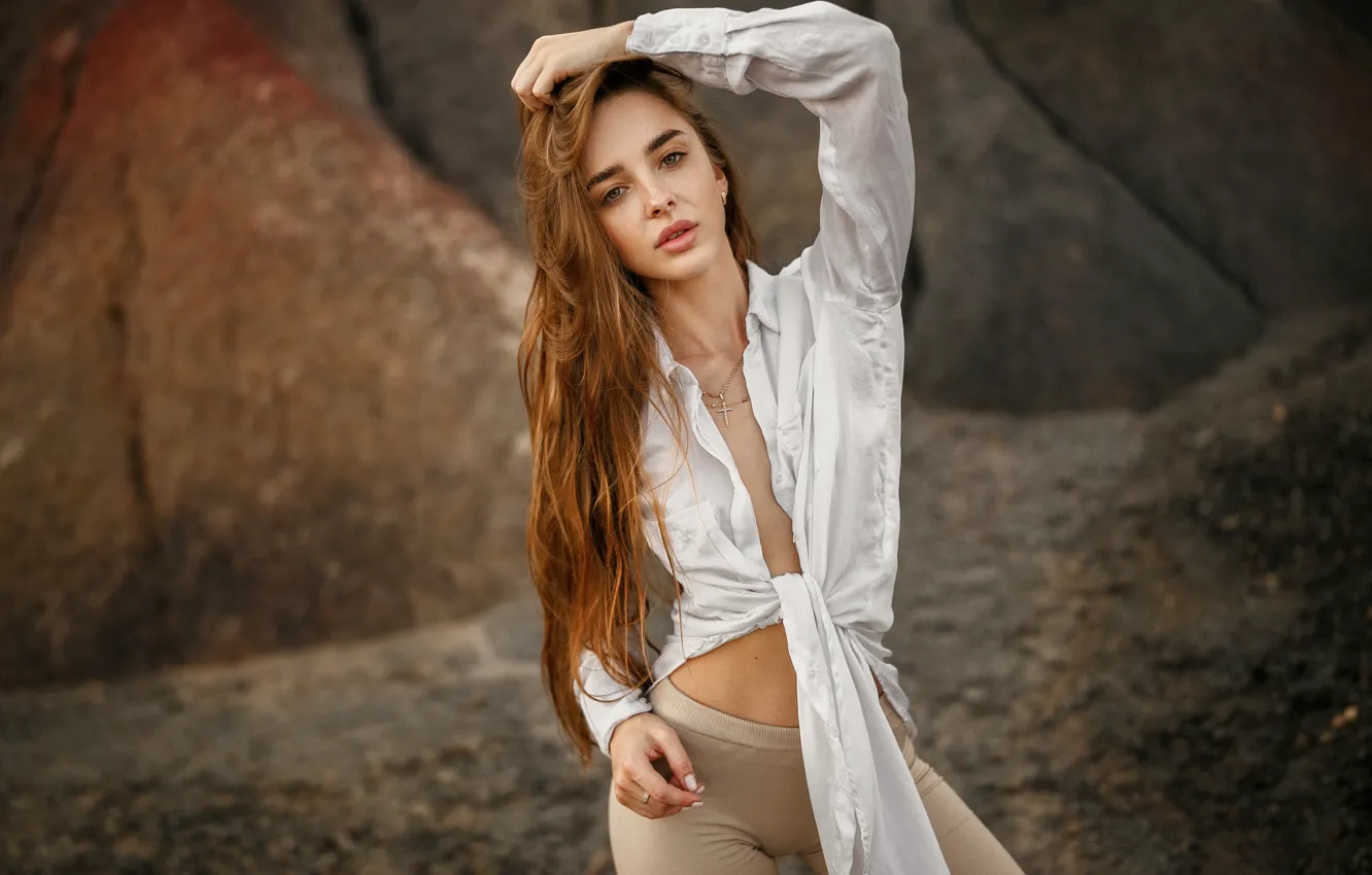 Photo wallpaper girl, pose, stones, shorts, blouse, red, Ivan Kovalev, Cycling shorts