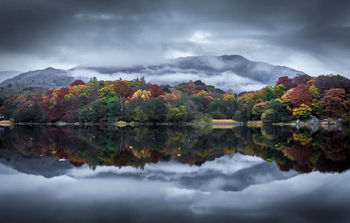 Photo wallpaper autumn, clouds, lake, hill