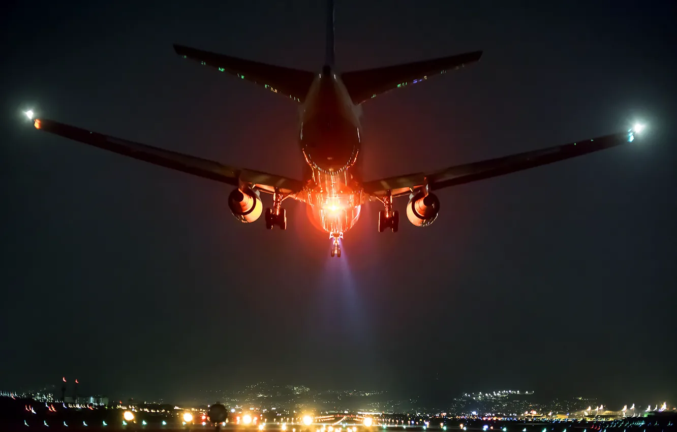 Photo wallpaper night, the plane, airport, landing, Osaka, red light