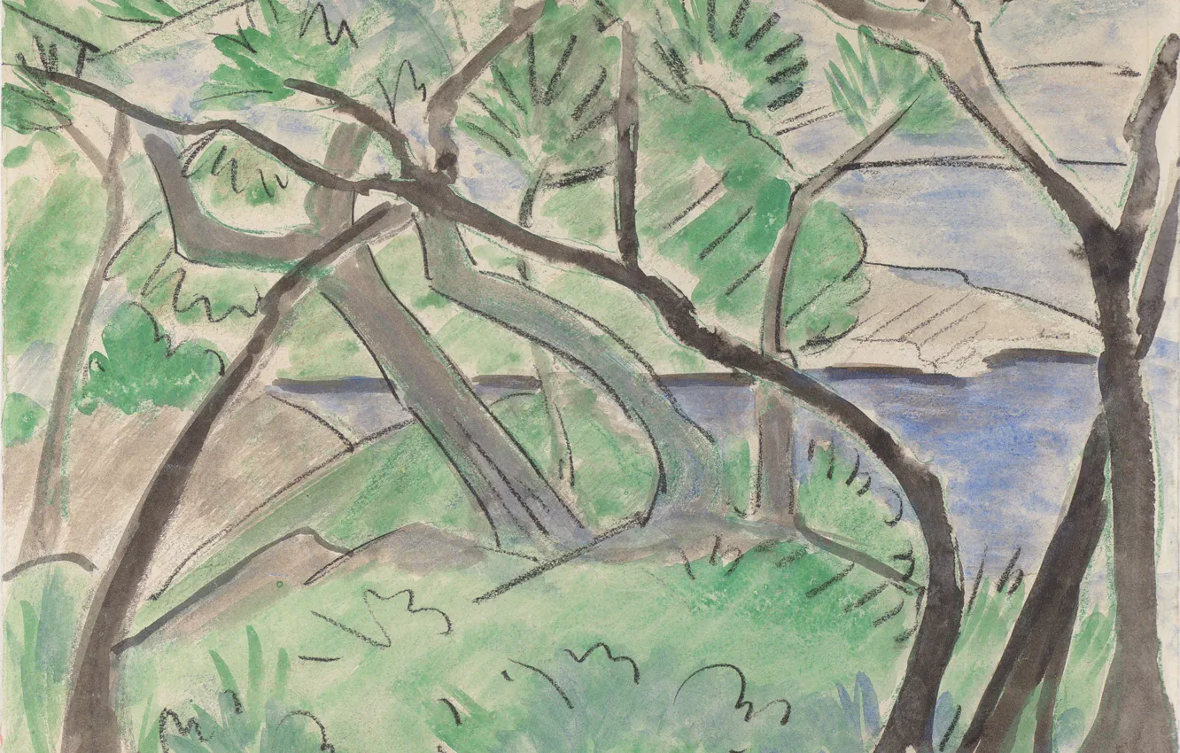 Photo wallpaper grass, trees, river, Landscape, 1924, Expressionism, Otto Mueller, Dalmatinische