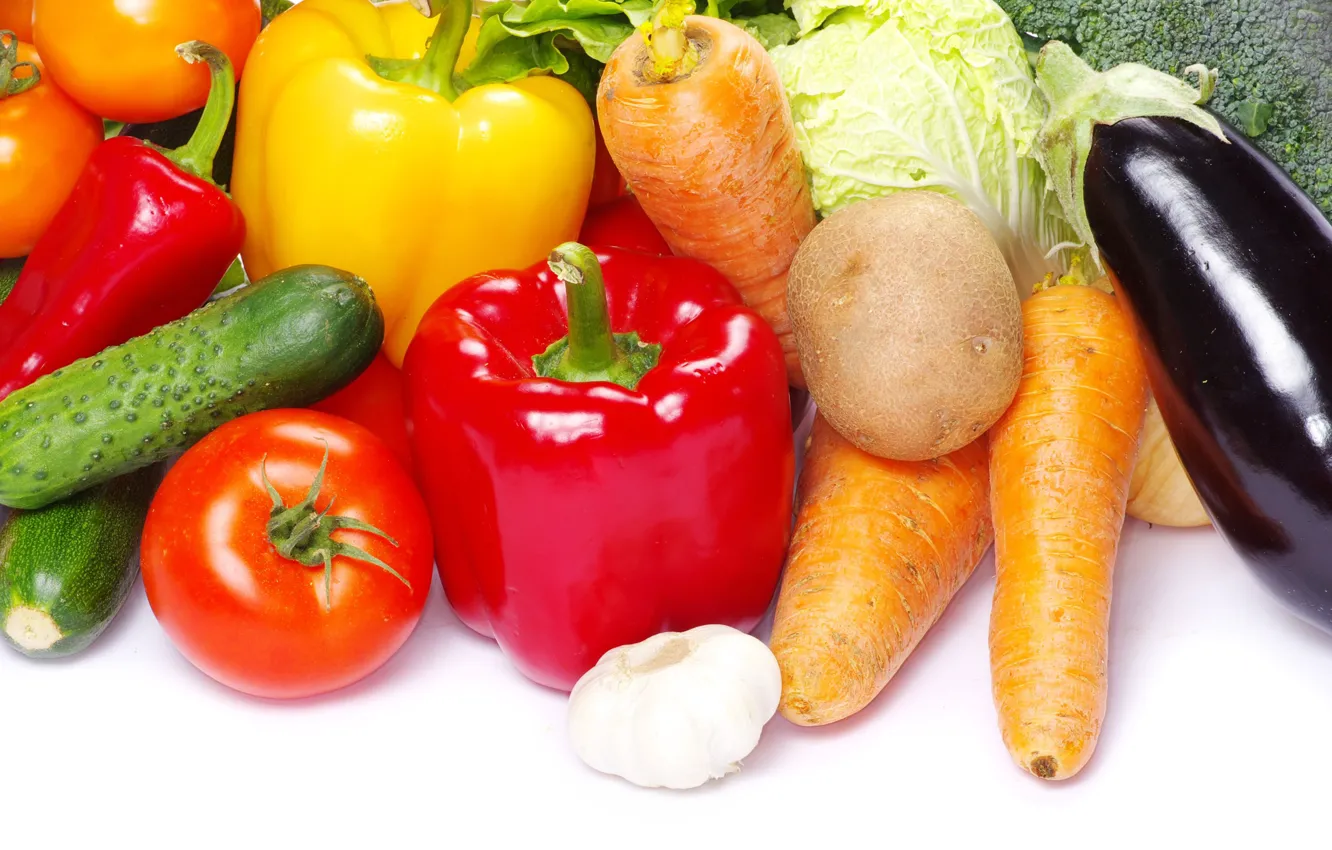Photo wallpaper cucumber, pepper, vegetables, tomato, cabbage, garlic, potatoes