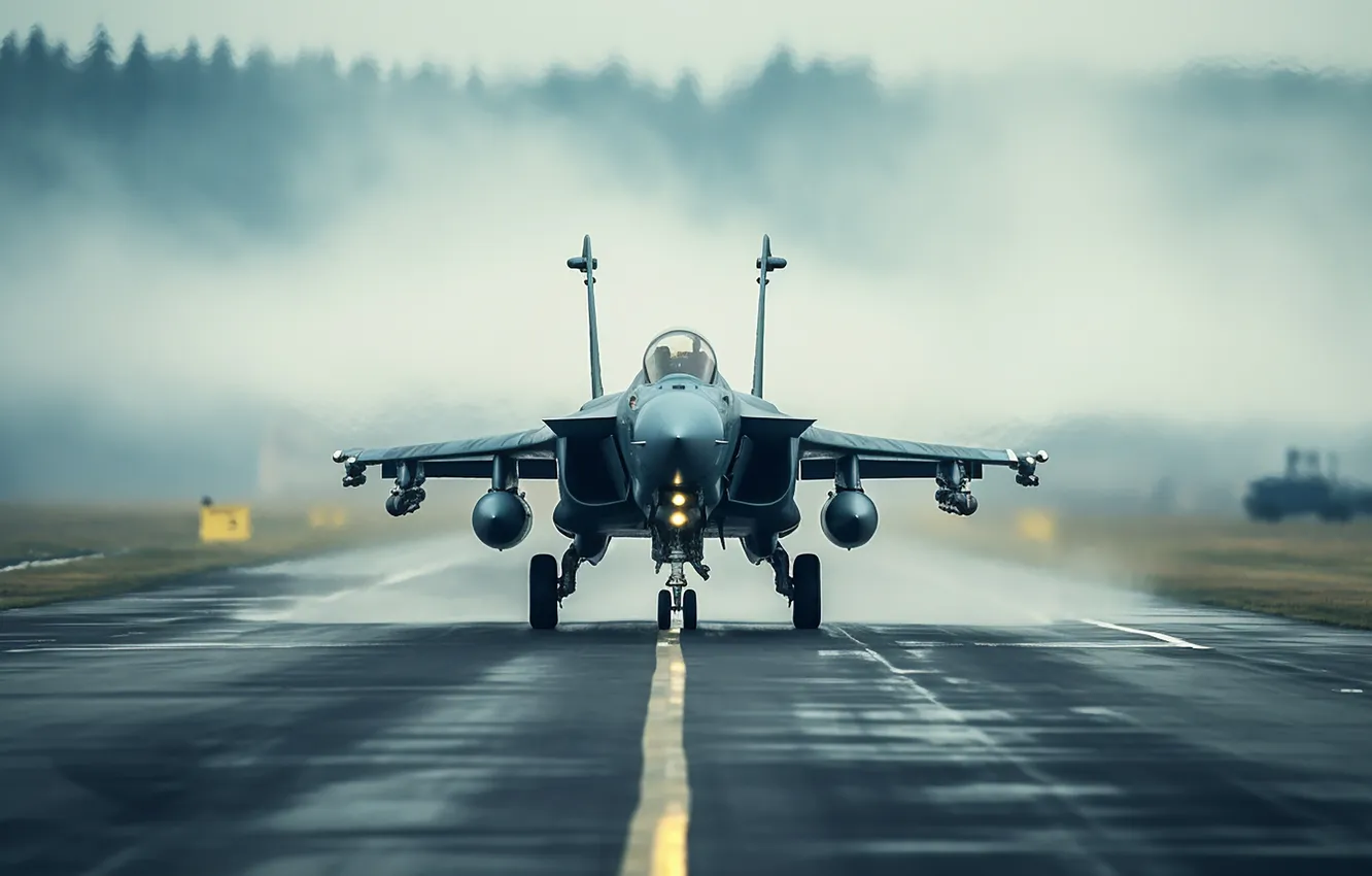 Photo wallpaper fog, fighter, the plane, front, runway, digital art, AI art, The Art of Artificial Intelligence