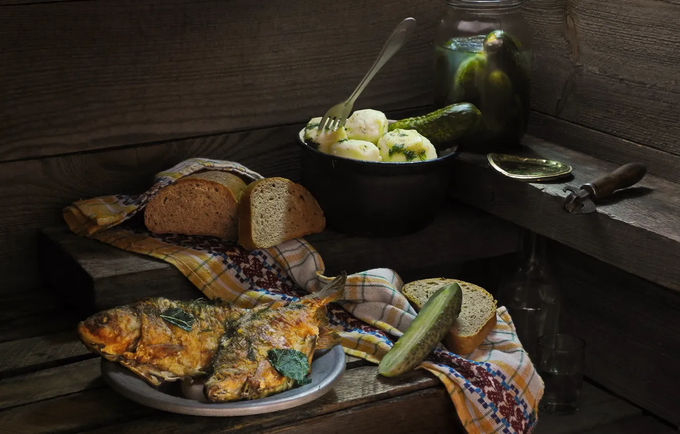 Photo wallpaper Board, towel, fish, plate, bread, Bank, stack, plug