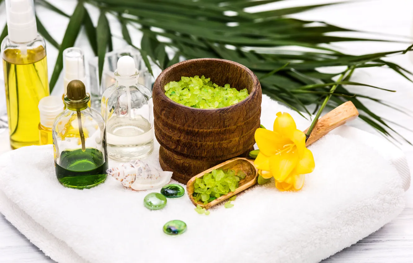 Photo wallpaper leaves, flowers, yellow, Lily, oil, towel, jars, shell