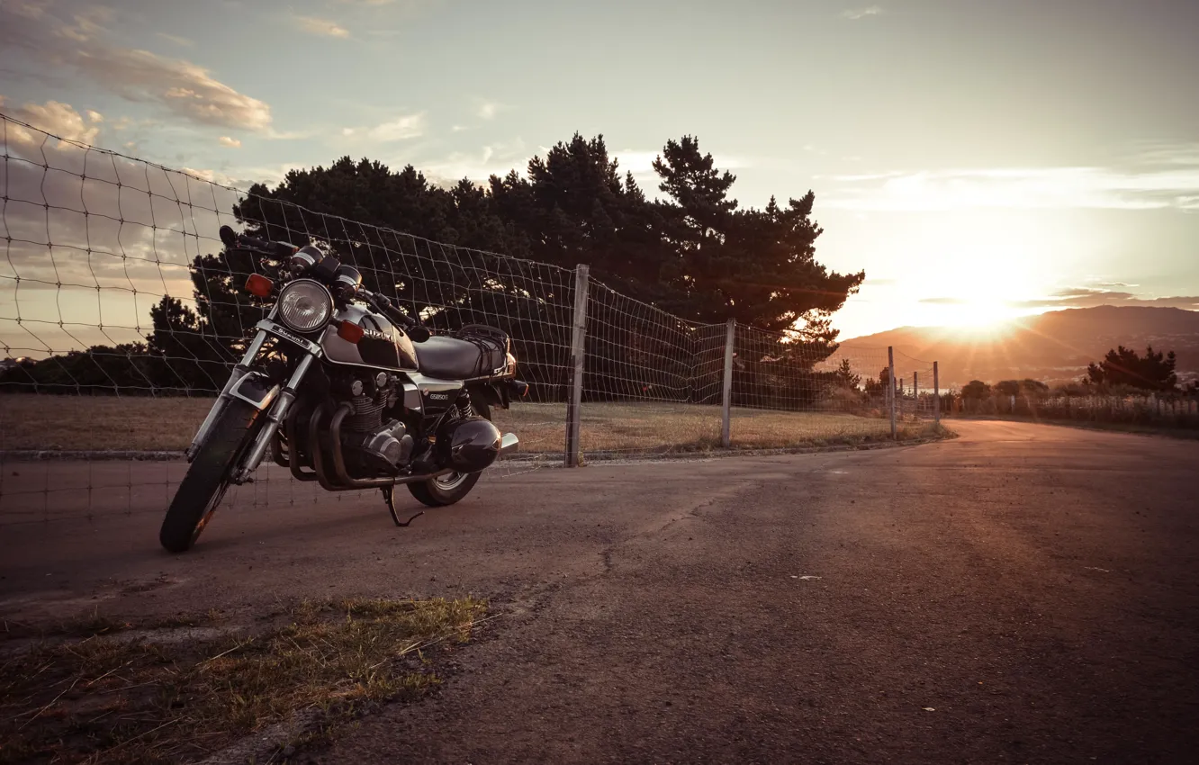 Photo wallpaper suzuki, road, sunset, motorcycle, gs850