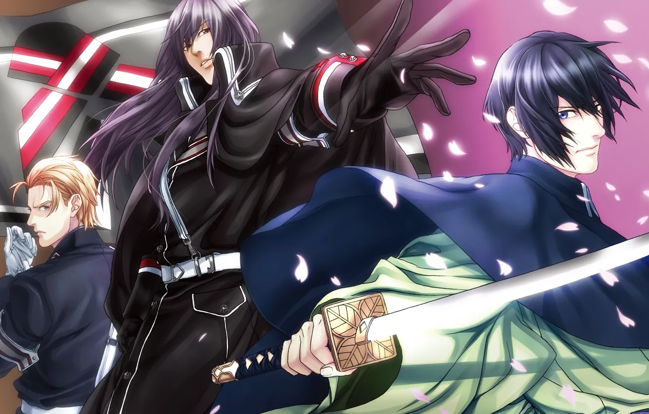 Photo wallpaper katana, gloves, guy, cloak, gesture, military uniform, visual novel, Taishou Mebiusline