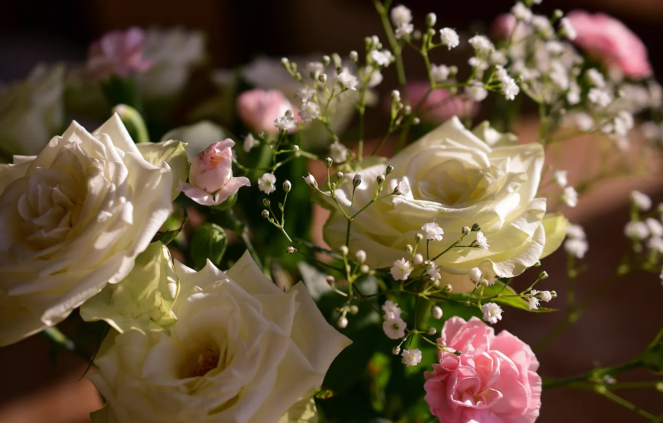 Photo wallpaper light, flowers, roses, bouquet, pink, white, gypsophila